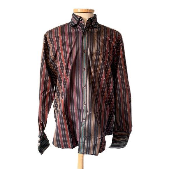 Bugatchi Uomo Large Brown Striped Dress Shirt Long Sleeve French Cuff - Picture 1 of 4